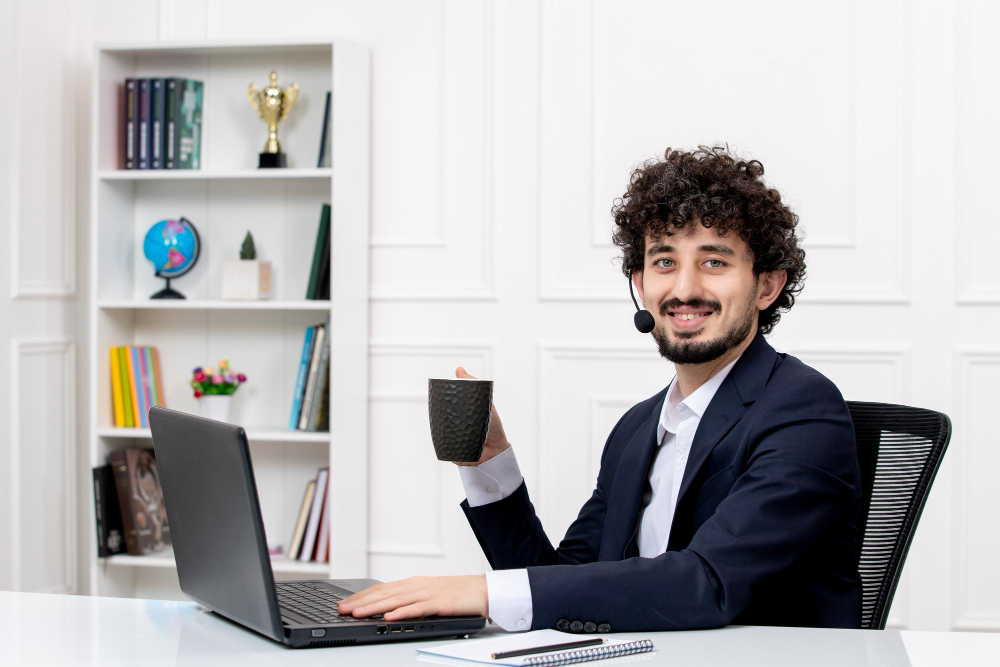 men working on laptop in office