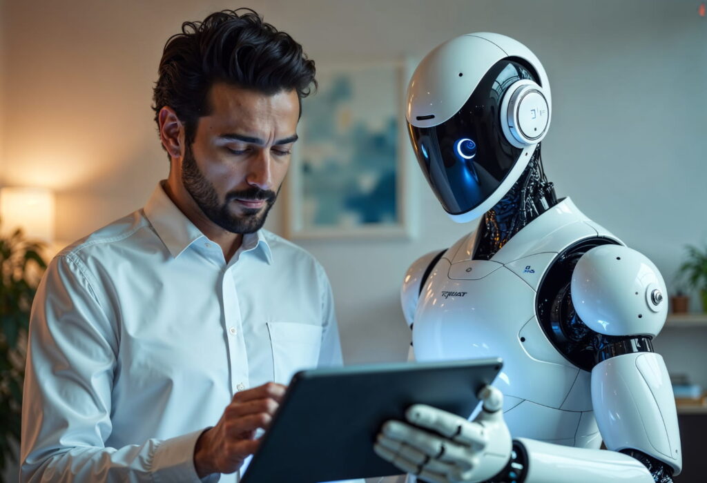 a man and his robot looking at the tablet