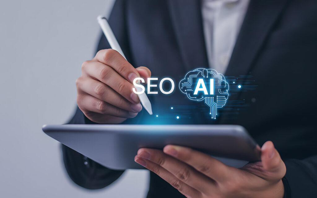 a men using tablet and on screen shows AI SEO