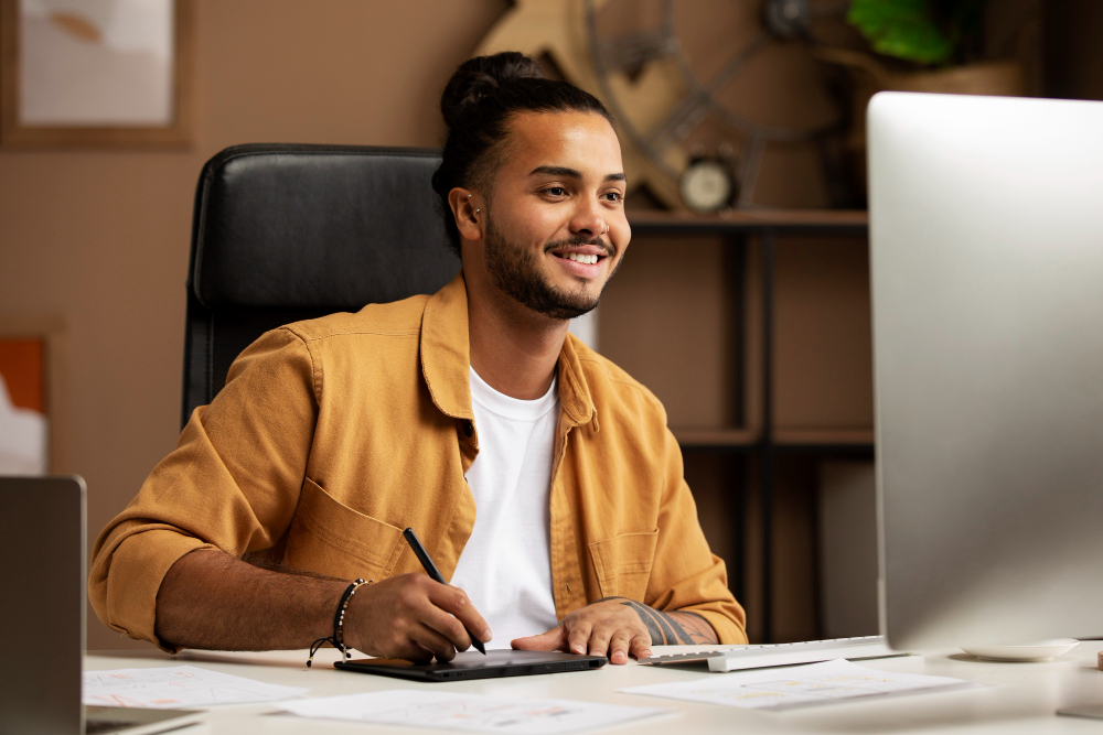 a man looking at the laptop and writing about monitoring Ai tools