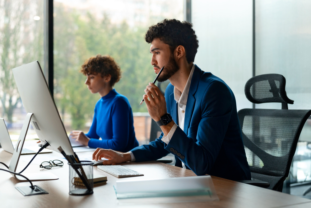 a man and his cowerker working together in office