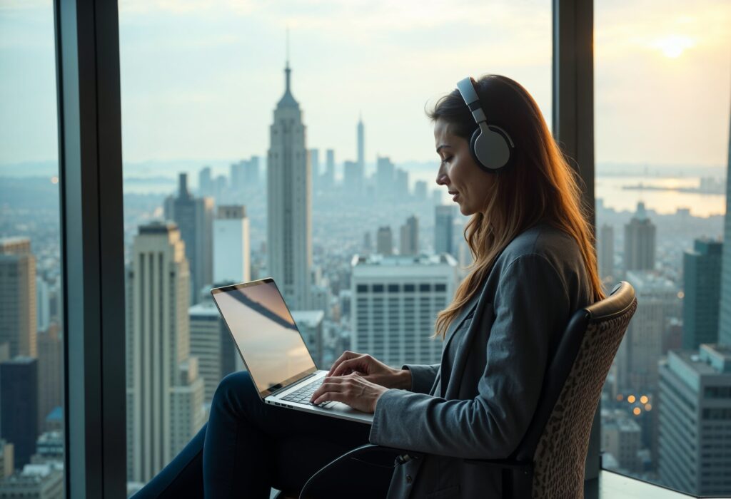 women working while listing music